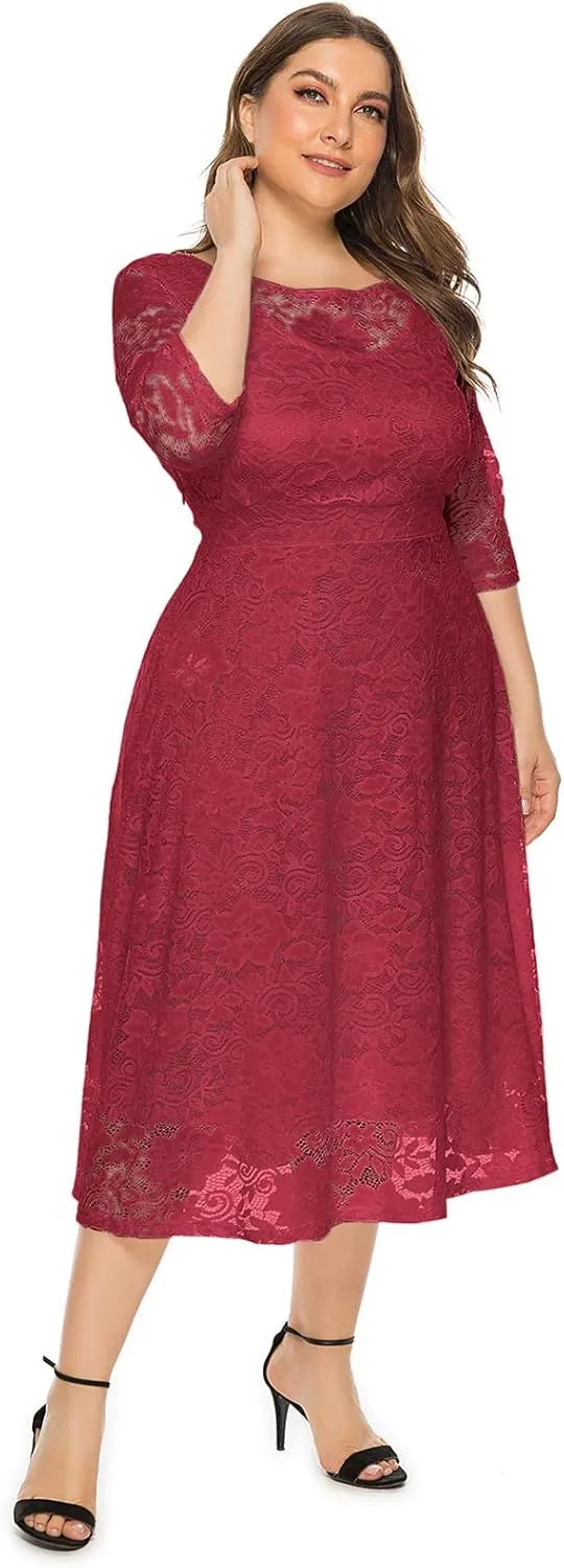 IWEMEK Women Plus Size Floral Lace 3/4 Sleeve Wedding Cocktail Swing Midi Dress with Pockets Casual Evening Party Prom Dress