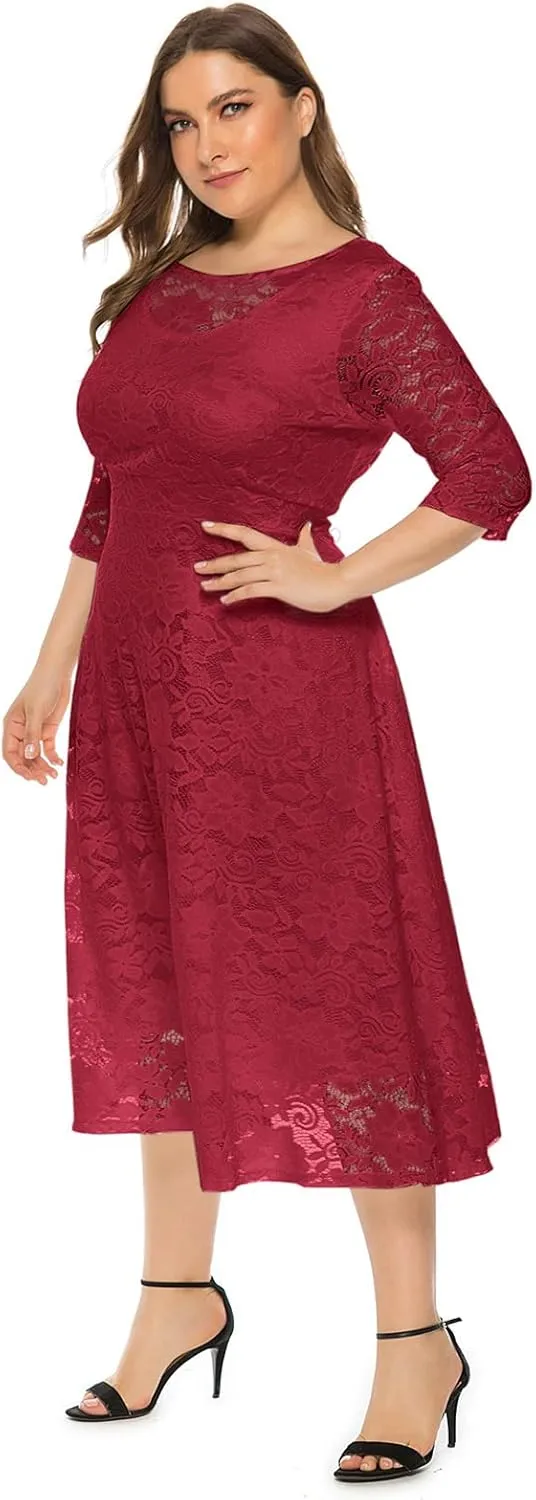 IWEMEK Women Plus Size Floral Lace 3/4 Sleeve Wedding Cocktail Swing Midi Dress with Pockets Casual Evening Party Prom Dress