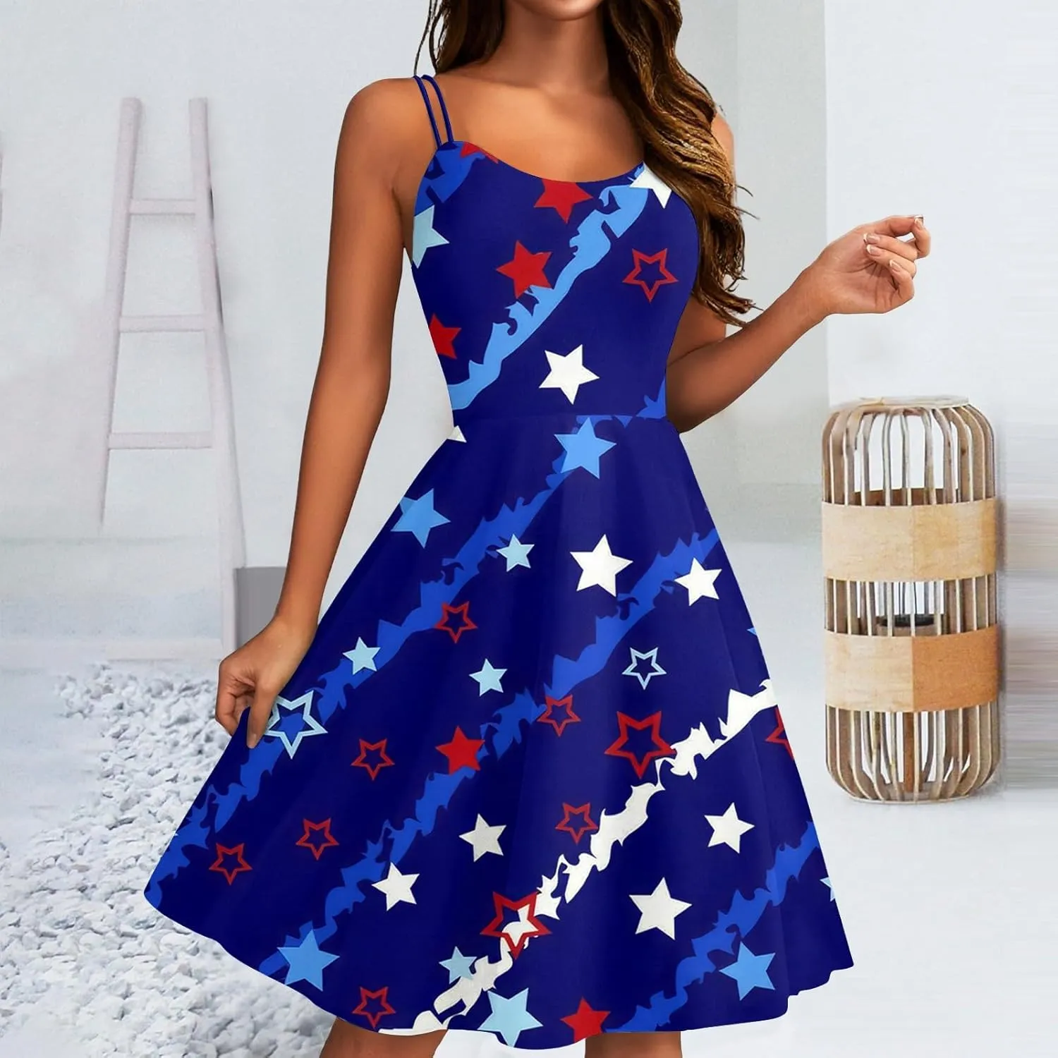 July 4Th Dresses Women Midi Red White and Blue Dress Sleeveless Patriotic Dresses Holiday Festival Party Dress