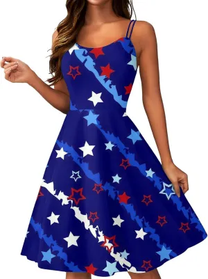 July 4Th Dresses Women Midi Red White and Blue Dress Sleeveless Patriotic Dresses Holiday Festival Party Dress