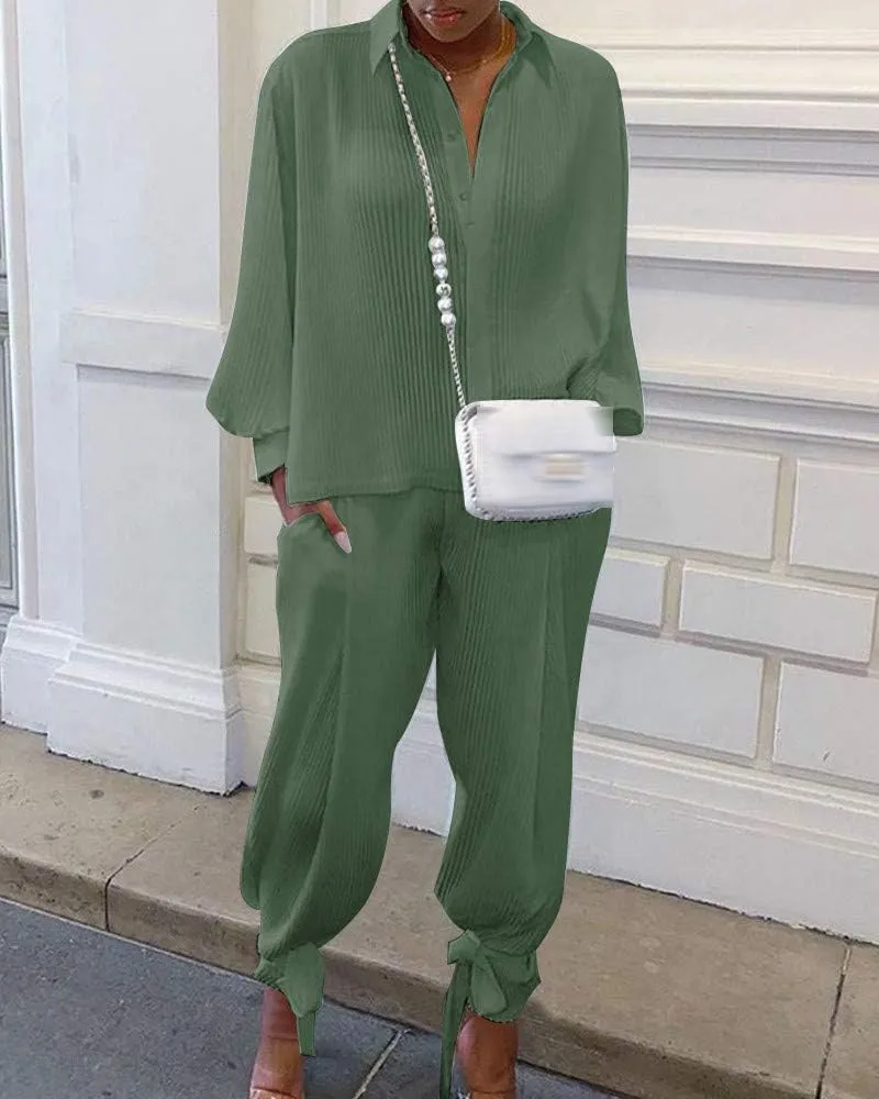 KMBANGI Women Solid 2 Piece Outfits Long Sleeve Loose Shirt Blouse Top Harem Pants Jumpsuit Sets Ladies Casual Suit