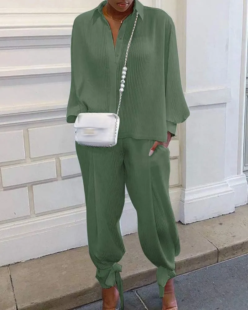 KMBANGI Women Solid 2 Piece Outfits Long Sleeve Loose Shirt Blouse Top Harem Pants Jumpsuit Sets Ladies Casual Suit