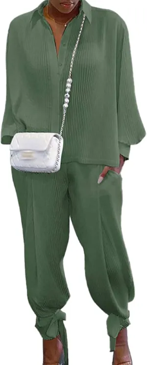 KMBANGI Women Solid 2 Piece Outfits Long Sleeve Loose Shirt Blouse Top Harem Pants Jumpsuit Sets Ladies Casual Suit