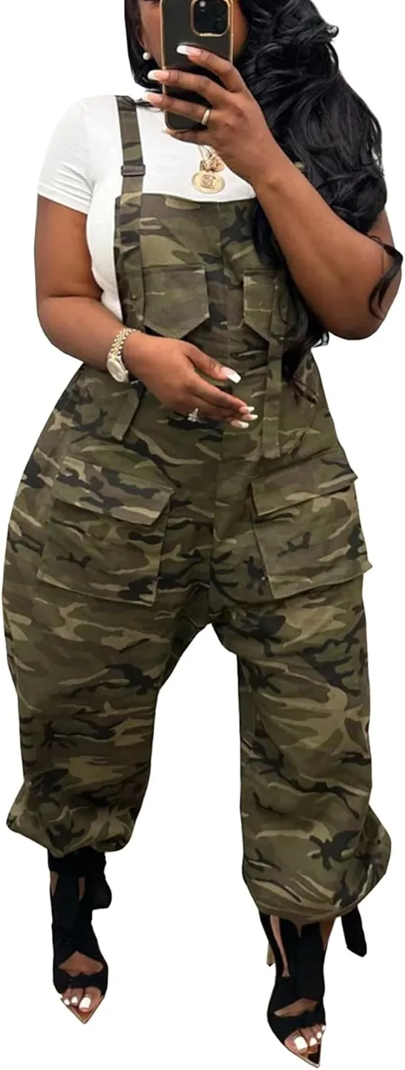LETSVDO Womens Casual Demin Harem Jumpsuit Plus Size Camo Spaghetti Strap Sleeveless Wide Leg Baggy Overalls Romper Pants