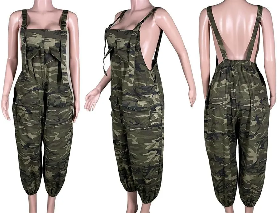 LETSVDO Womens Casual Demin Harem Jumpsuit Plus Size Camo Spaghetti Strap Sleeveless Wide Leg Baggy Overalls Romper Pants