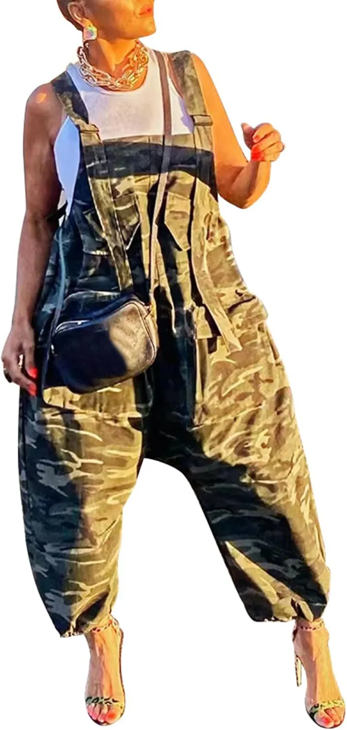 LETSVDO Womens Casual Demin Harem Jumpsuit Plus Size Camo Spaghetti Strap Sleeveless Wide Leg Baggy Overalls Romper Pants
