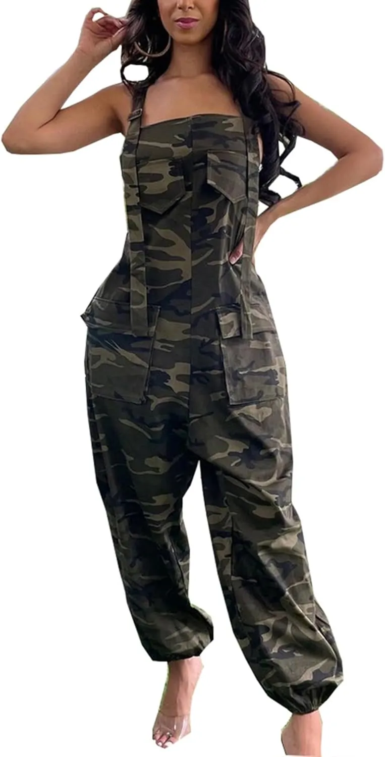 LETSVDO Womens Casual Demin Harem Jumpsuit Plus Size Camo Spaghetti Strap Sleeveless Wide Leg Baggy Overalls Romper Pants