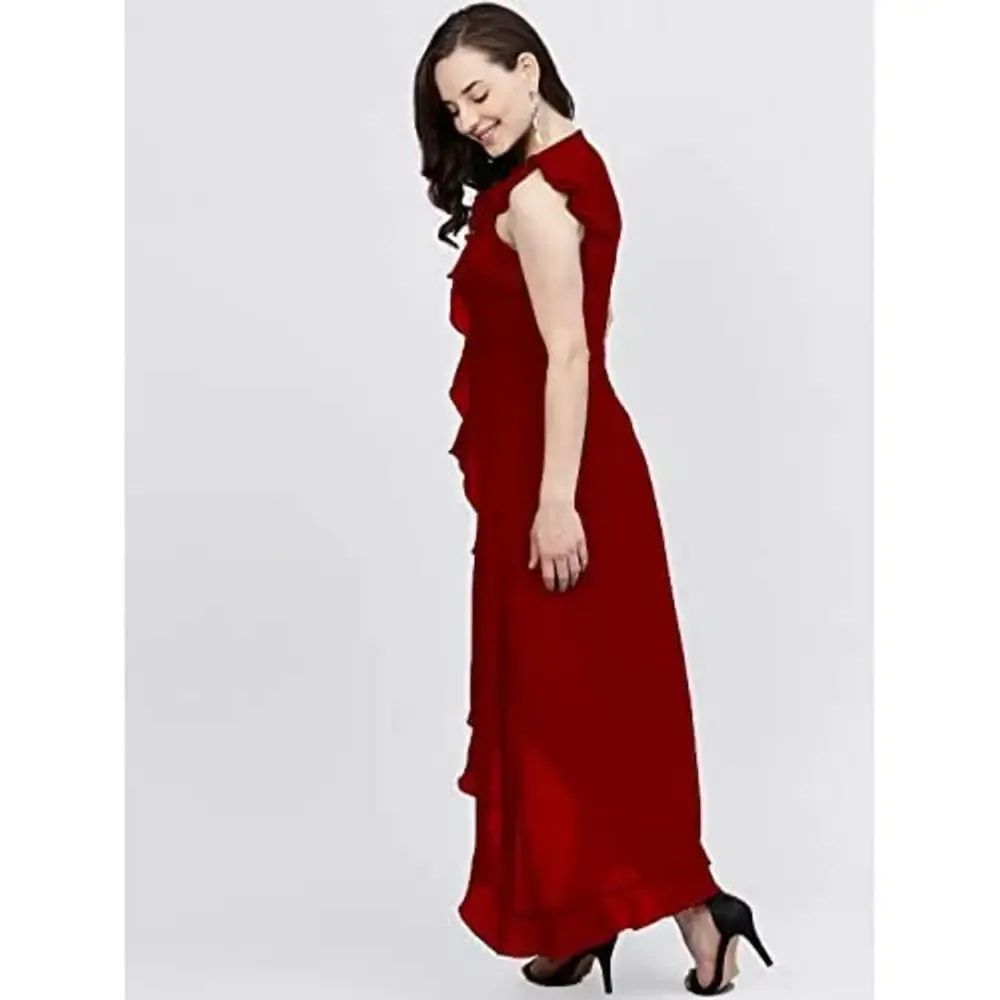 LIME Stylish high Low Ruffle reyon Dress for Women (X-Large, Red)
