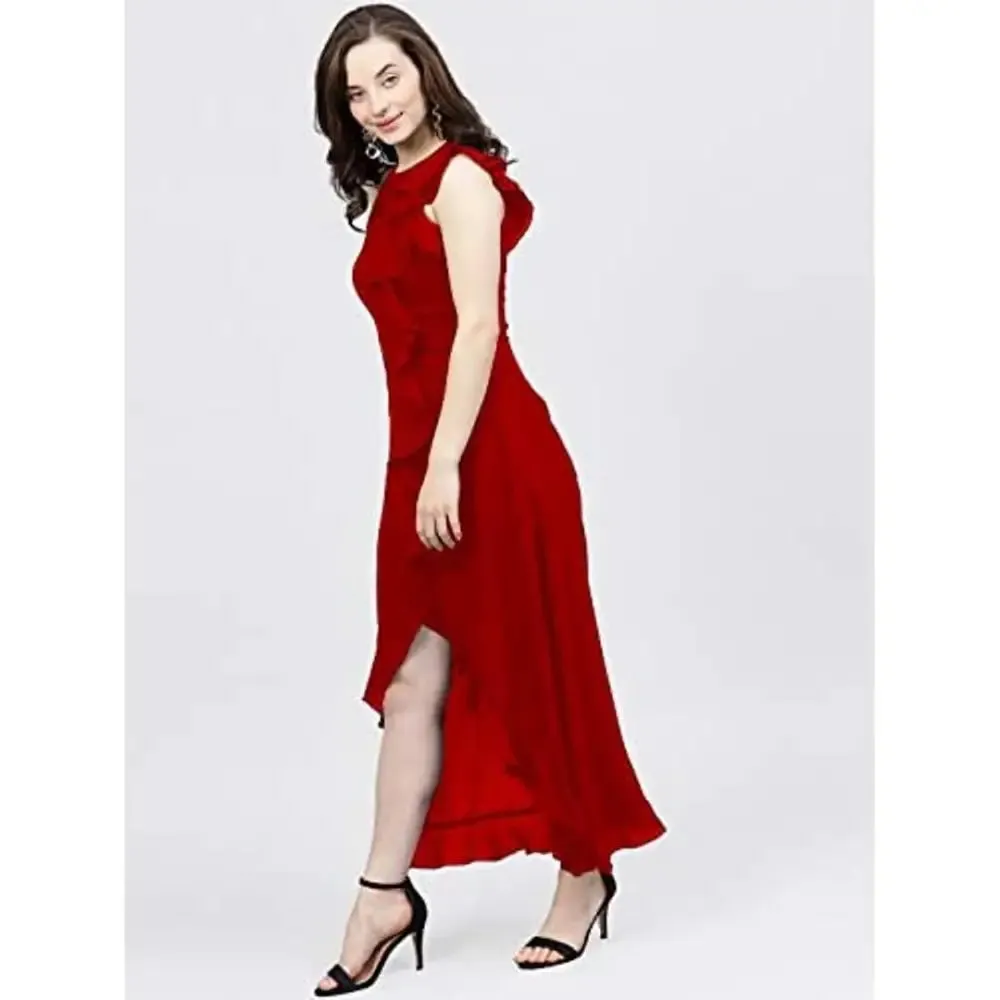 LIME Stylish high Low Ruffle reyon Dress for Women (X-Large, Red)