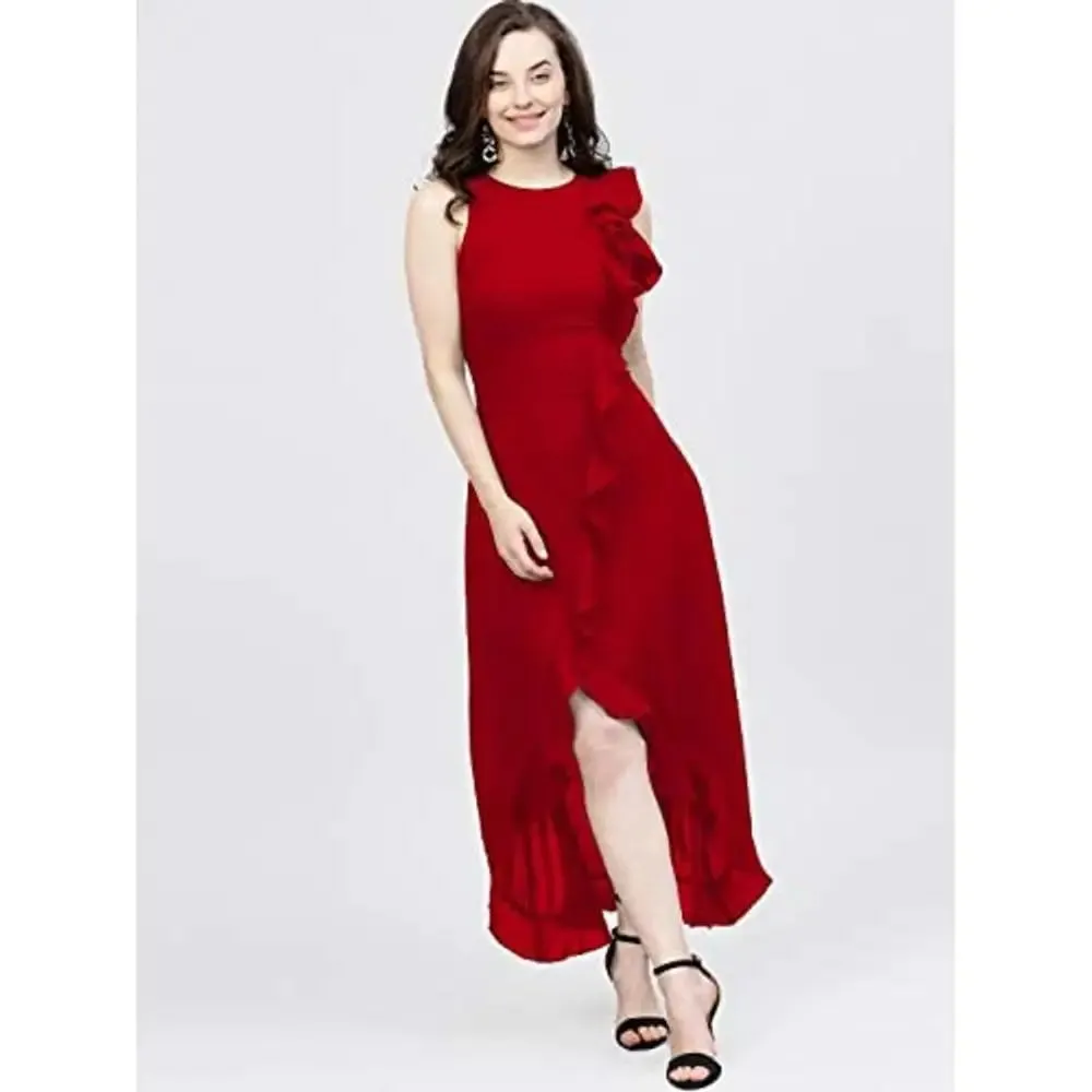 LIME Stylish high Low Ruffle reyon Dress for Women (X-Large, Red)