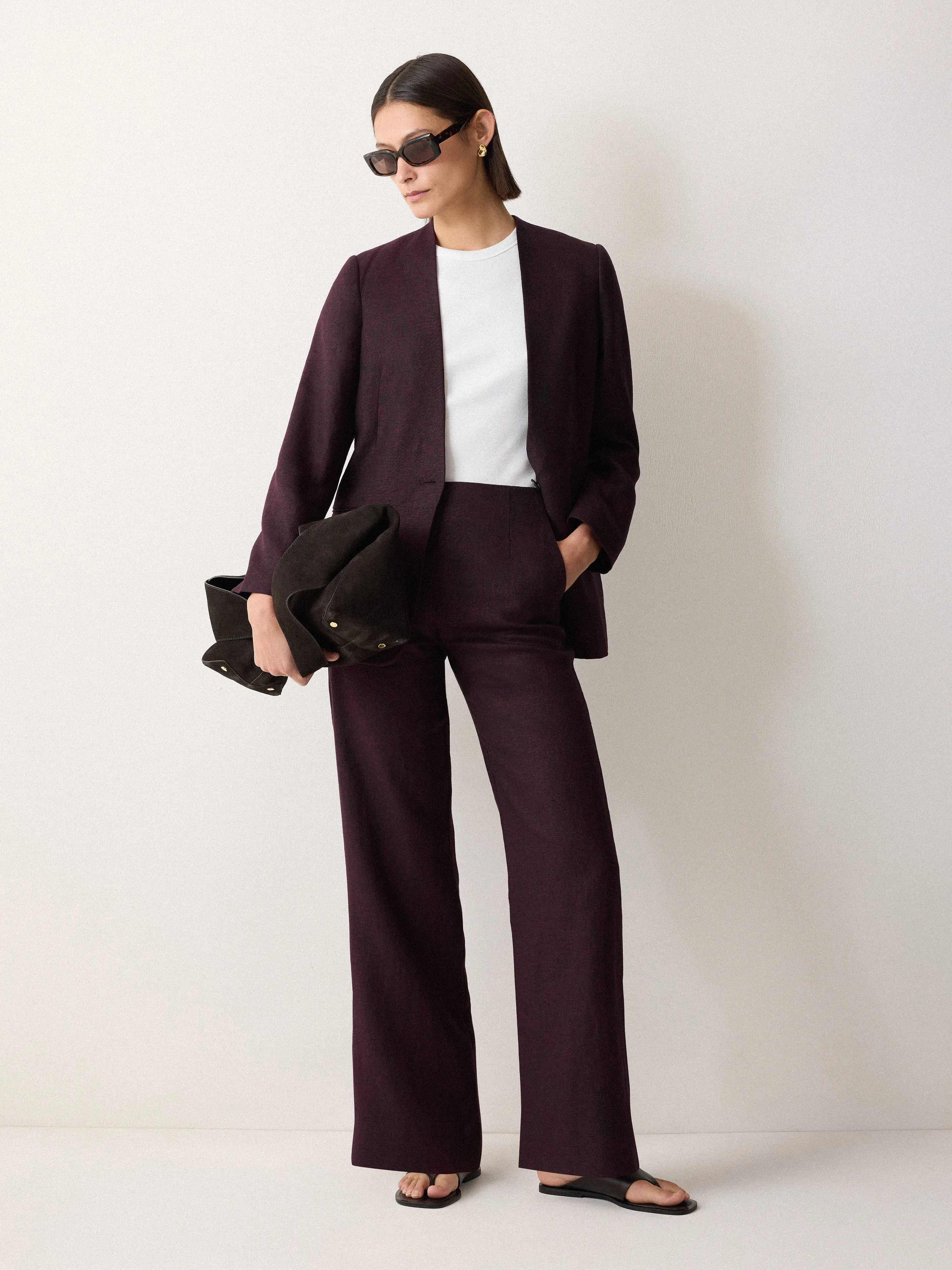 Linen Collarless Blazer | Oxblood