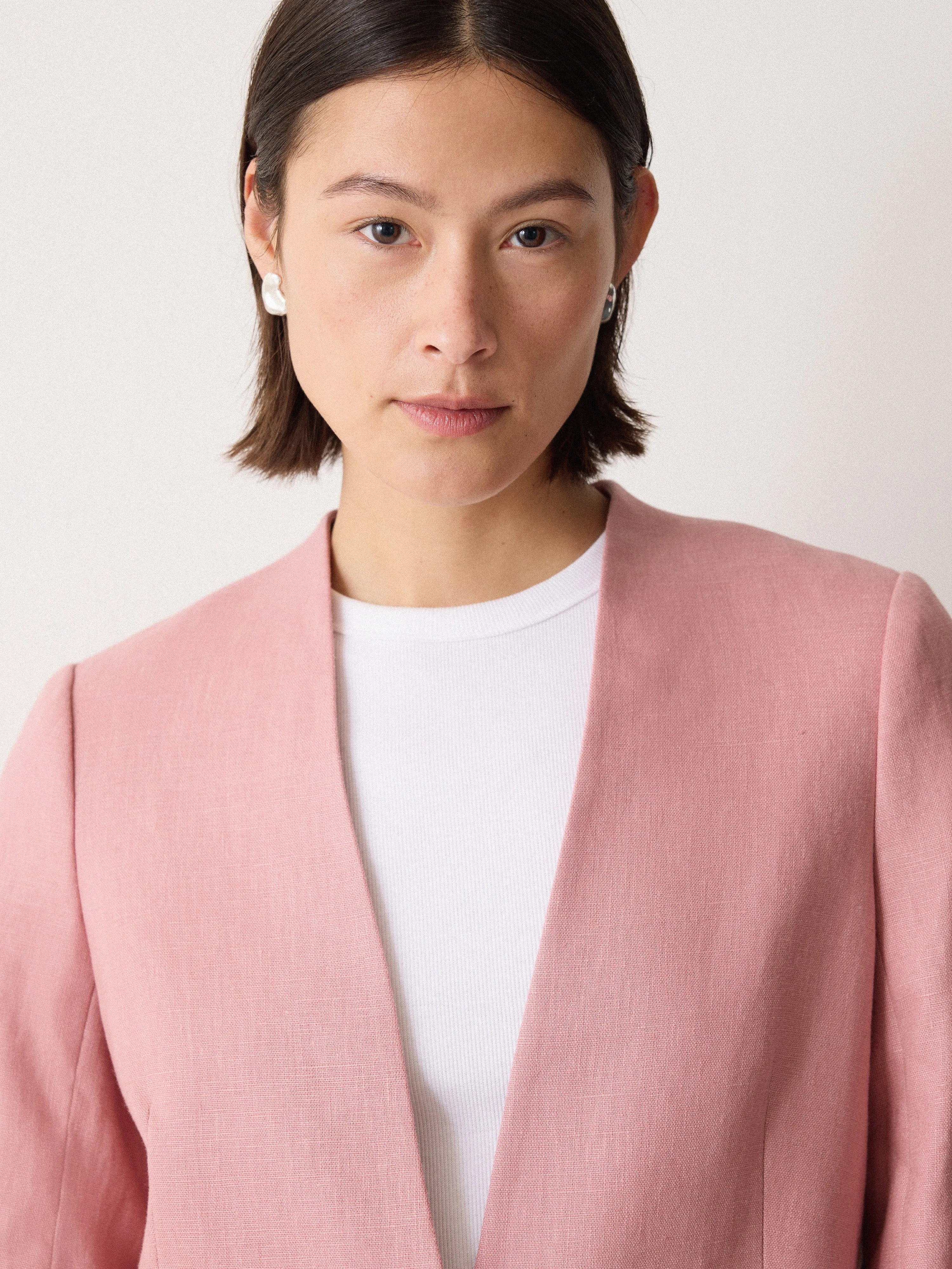Linen Collarless Blazer | Pink