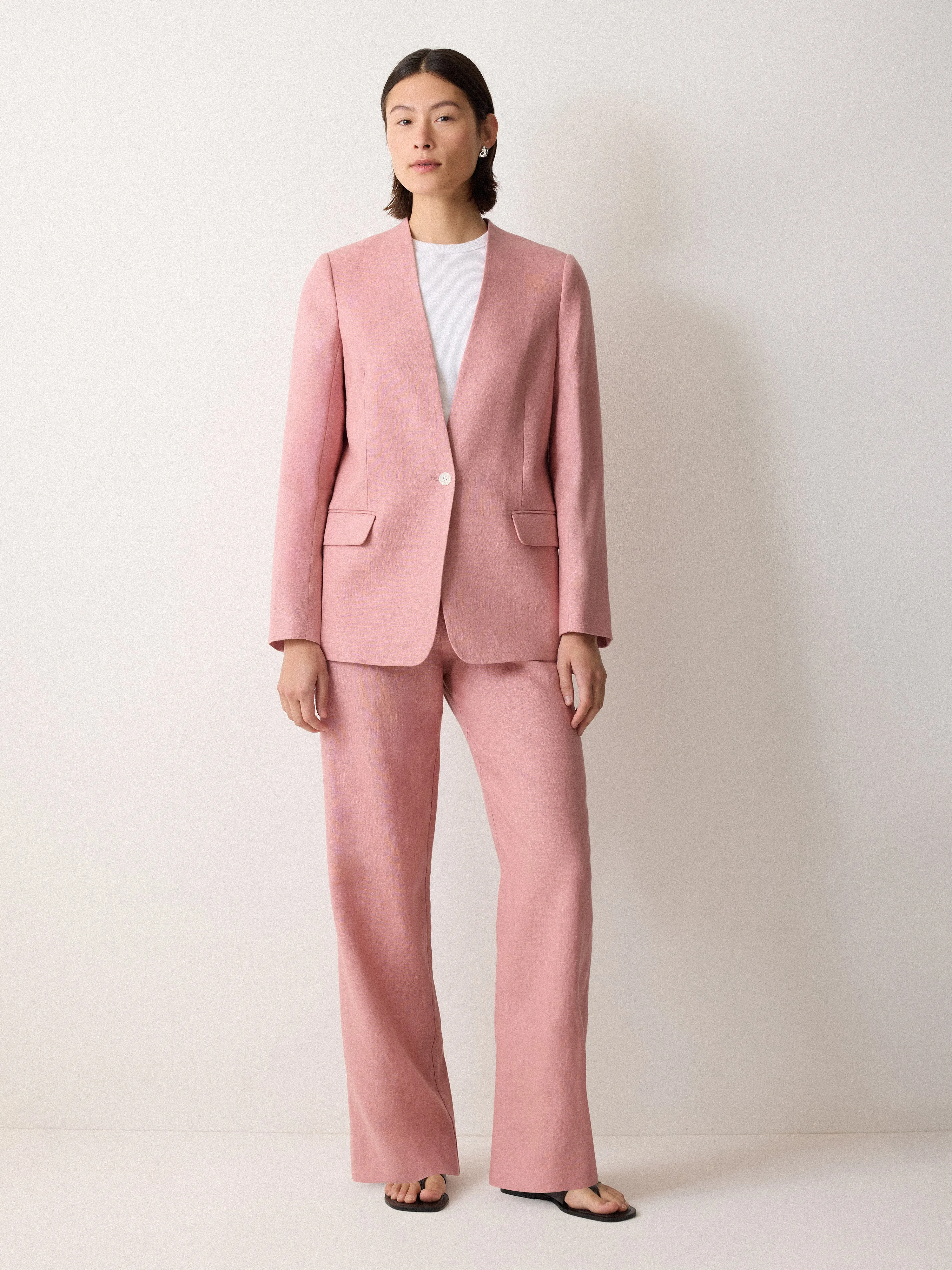 Linen Collarless Blazer | Pink