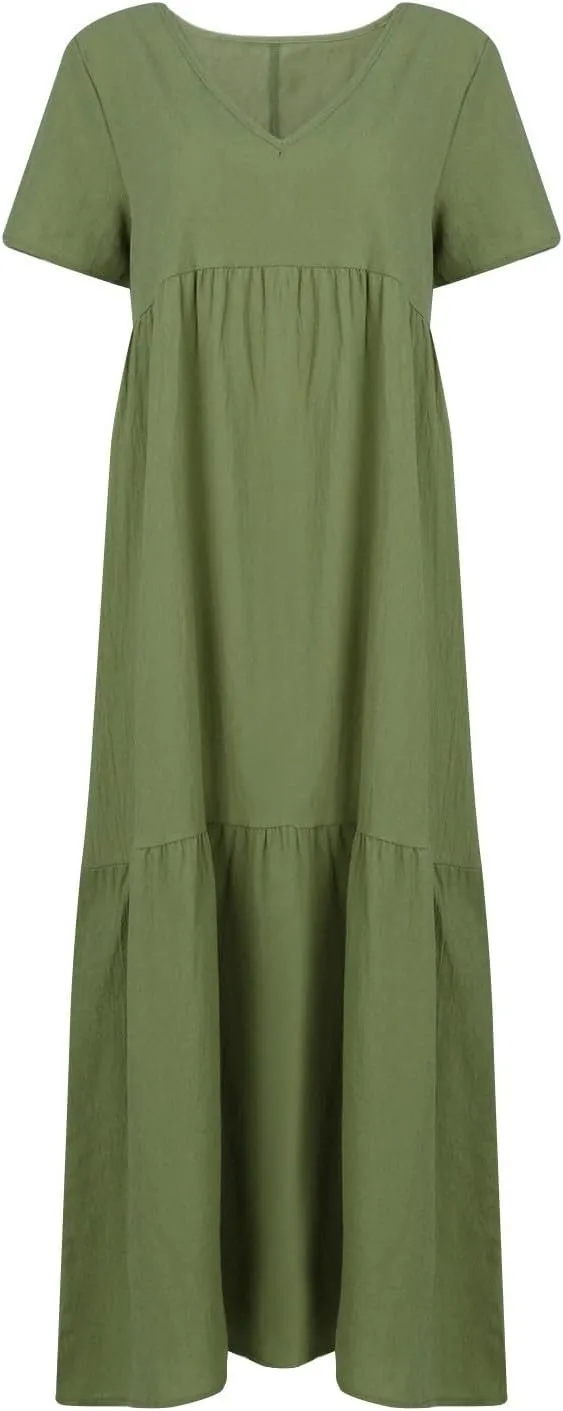 Linen Dresses for Women 2025 Plus Size Short Sleeve V Neck Tiered Maxi Dress Loose Comfy Summer Vacation Beach Dress