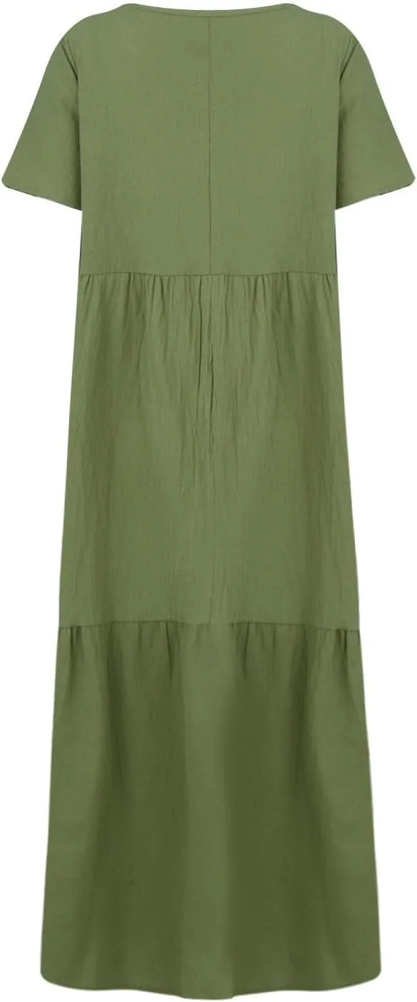 Linen Dresses for Women 2025 Plus Size Short Sleeve V Neck Tiered Maxi Dress Loose Comfy Summer Vacation Beach Dress