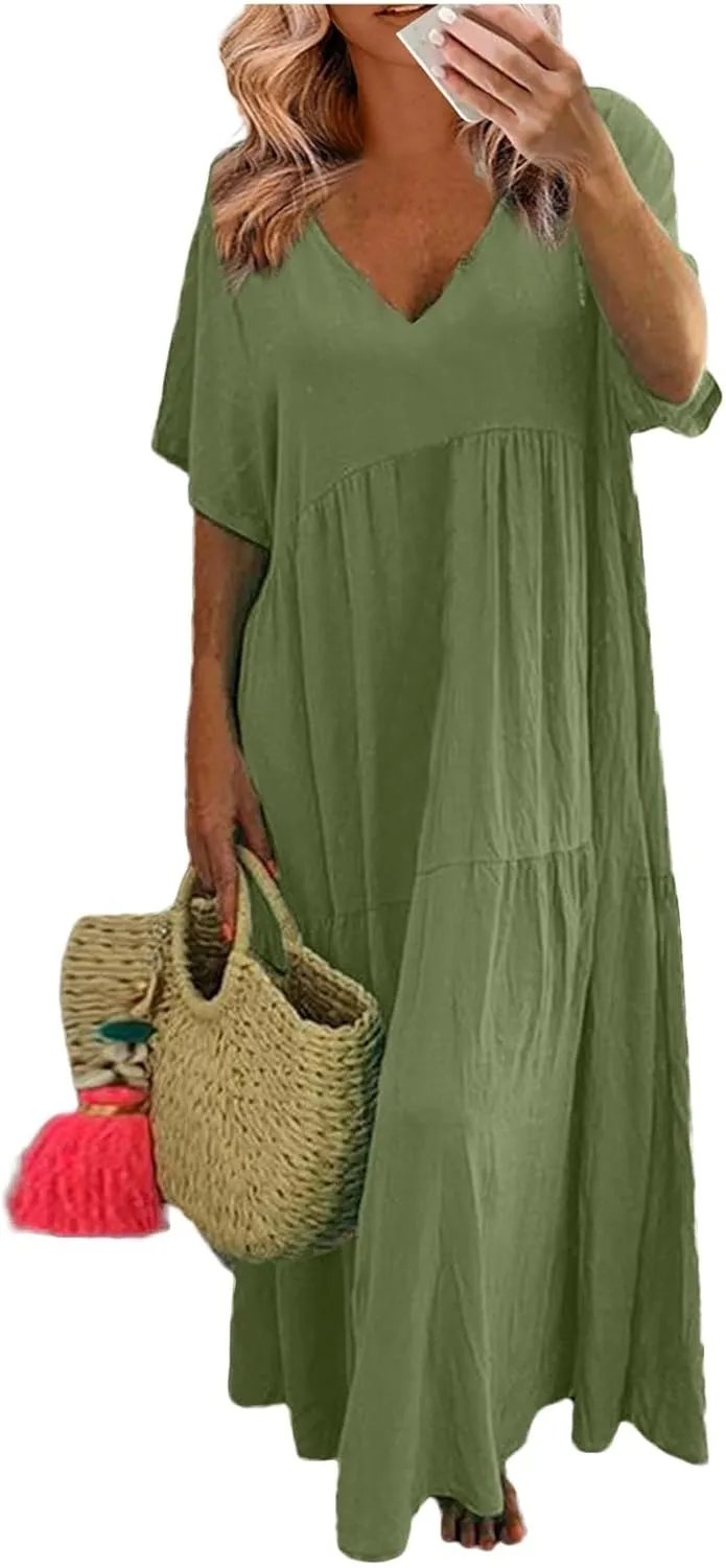 Linen Dresses for Women 2025 Plus Size Short Sleeve V Neck Tiered Maxi Dress Loose Comfy Summer Vacation Beach Dress