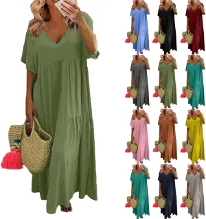 Linen Dresses for Women 2025 Plus Size Short Sleeve V Neck Tiered Maxi Dress Loose Comfy Summer Vacation Beach Dress