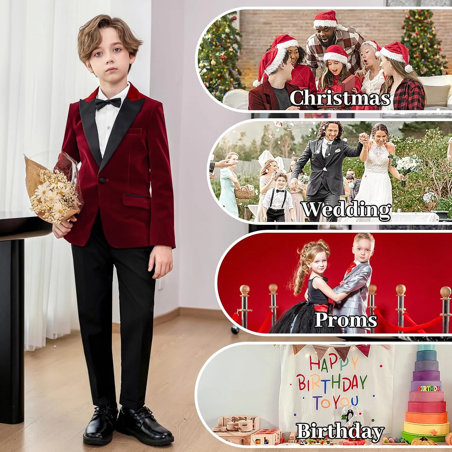 LOLANTA Boys 4 Piece Velvet Suit Formal Tuxedo Kids Slim Fit Blazer Dress Shirt Pants Outfit with Bow Tie