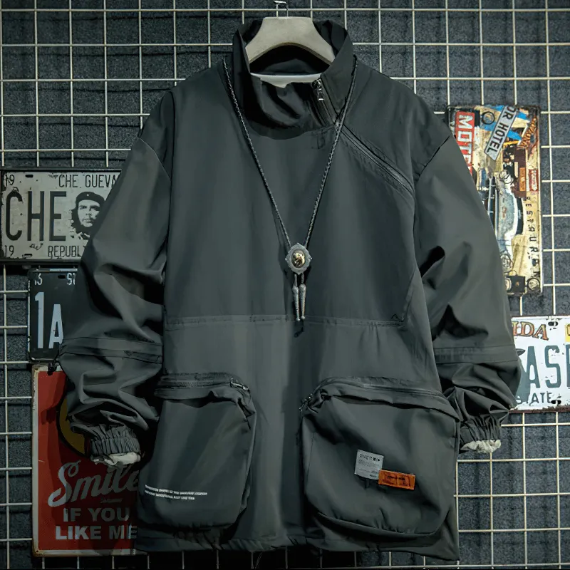 Male Patchwork Stand Collar Jackets with Multi-Pocket / Zipper Loose Outdoor Clothes