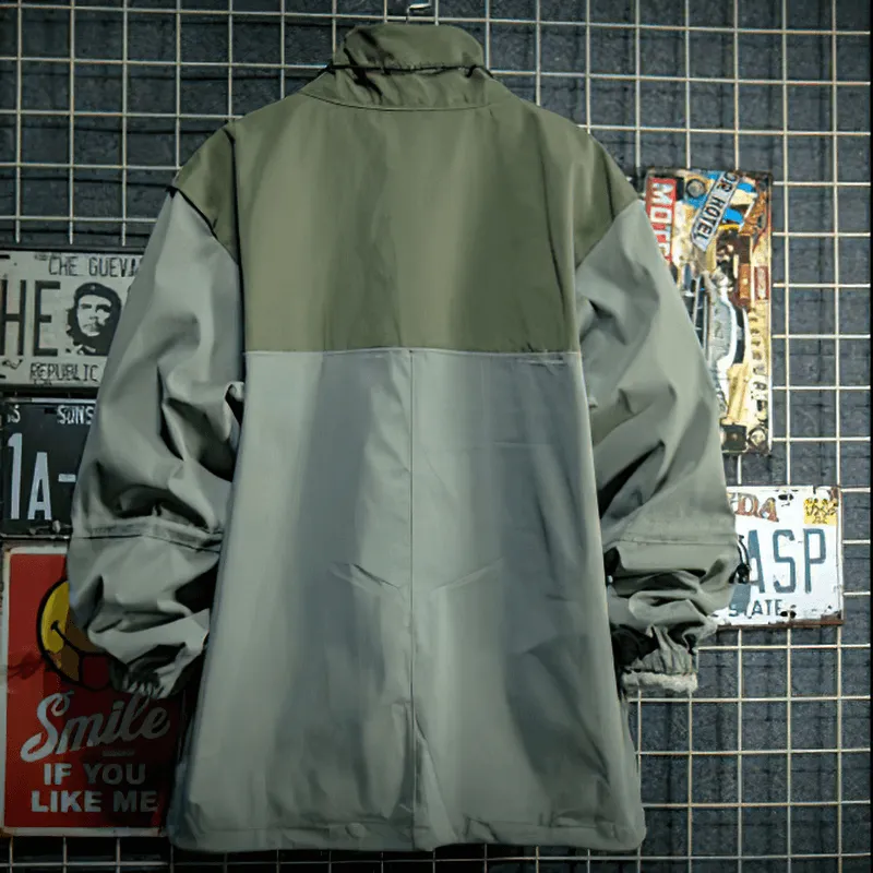 Male Patchwork Stand Collar Jackets with Multi-Pocket / Zipper Loose Outdoor Clothes
