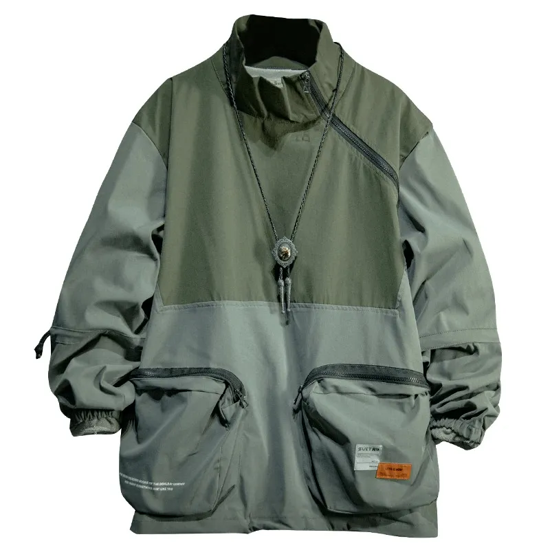 Male Patchwork Stand Collar Jackets with Multi-Pocket / Zipper Loose Outdoor Clothes