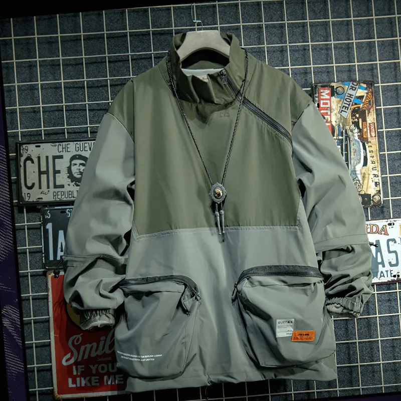 Male Patchwork Stand Collar Jackets with Multi-Pocket / Zipper Loose Outdoor Clothes