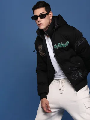 Men Black Mock Collar Solid Geometric Windcheater Bomber Embroidered Jacket