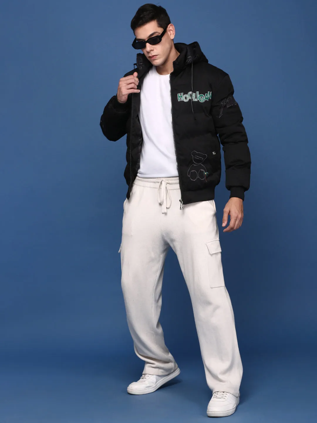 Men Black Mock Collar Solid Geometric Windcheater Bomber Embroidered Jacket