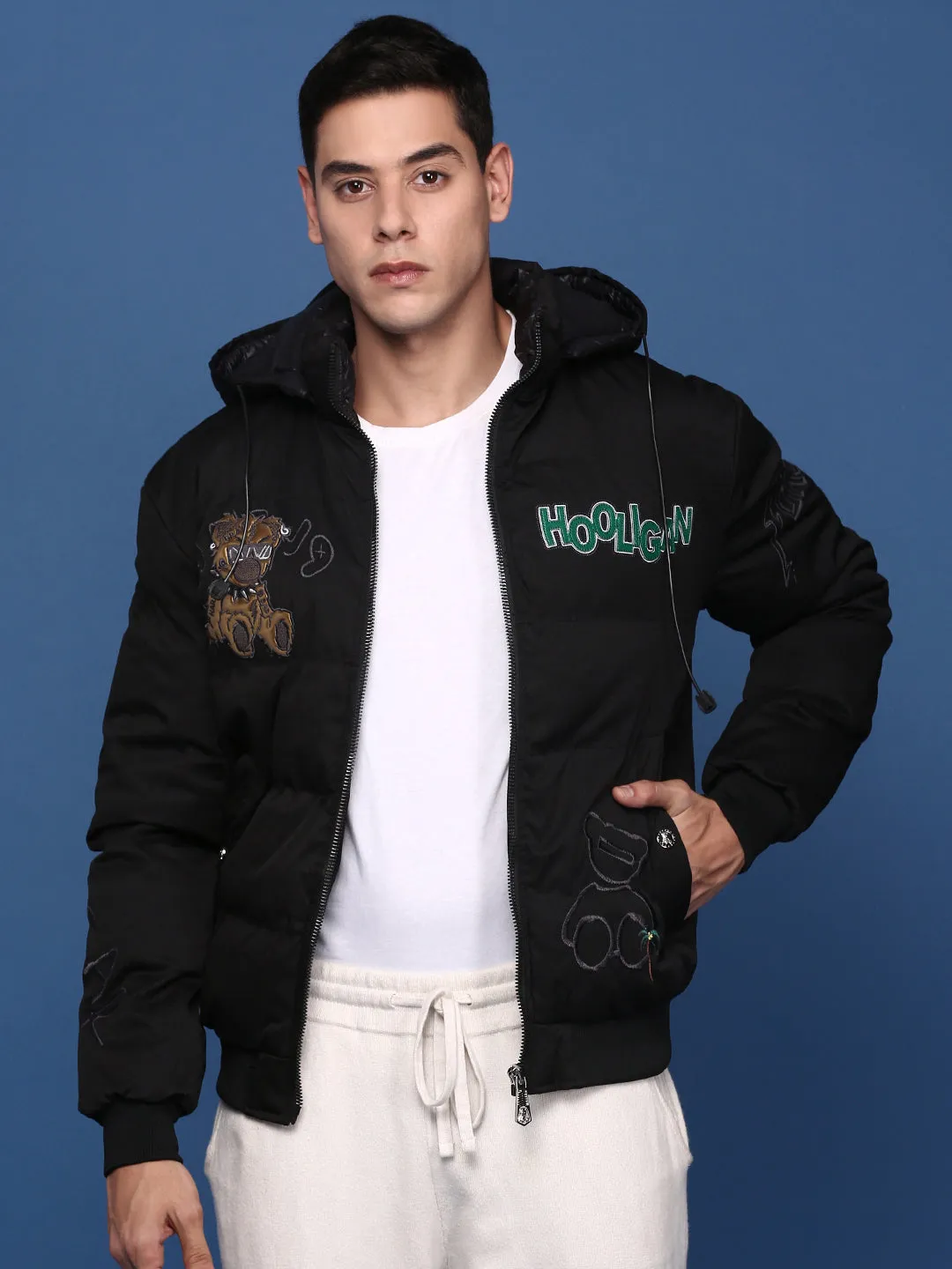 Men Black Mock Collar Solid Geometric Windcheater Bomber Embroidered Jacket