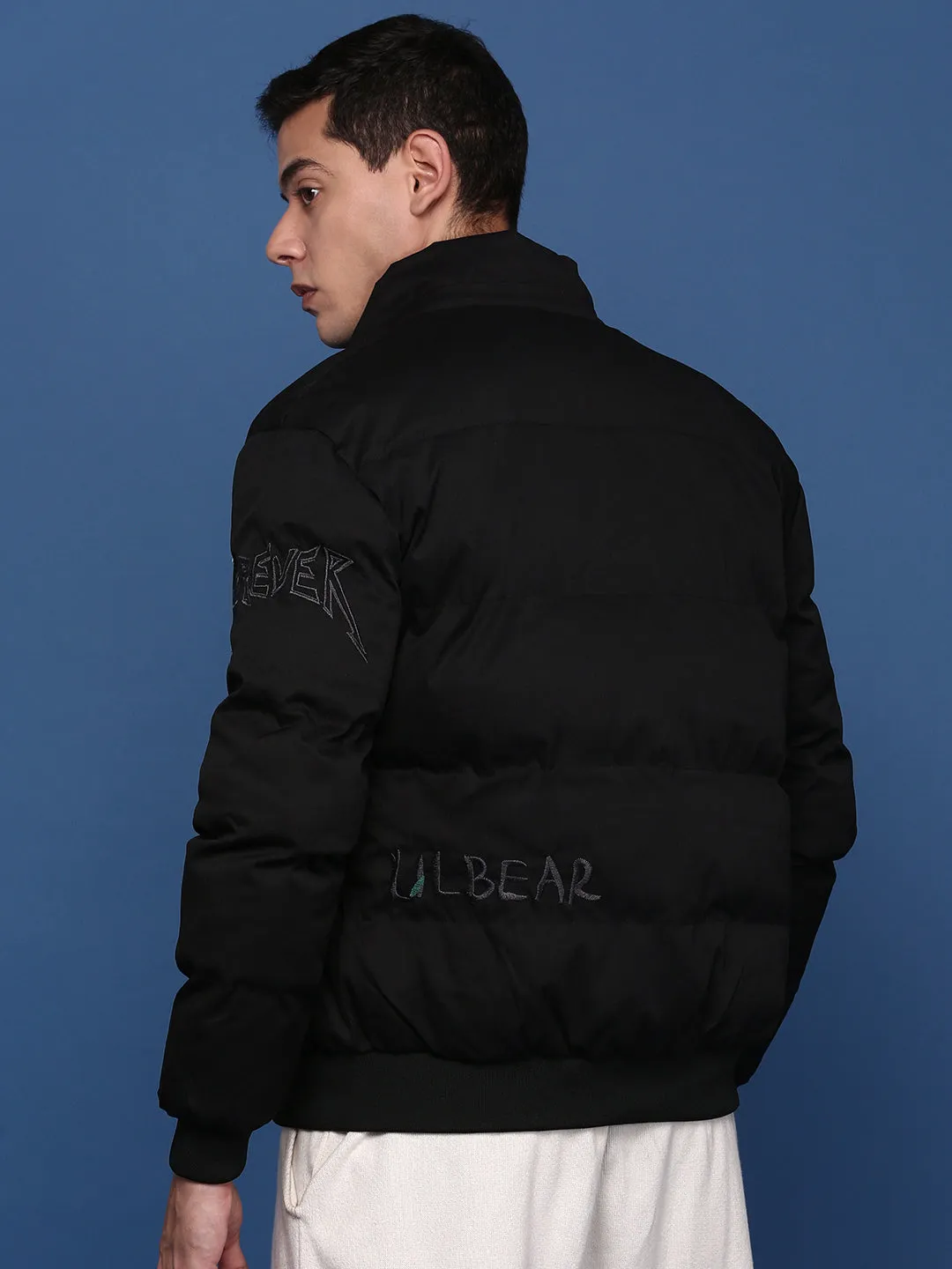 Men Black Mock Collar Solid Geometric Windcheater Bomber Embroidered Jacket
