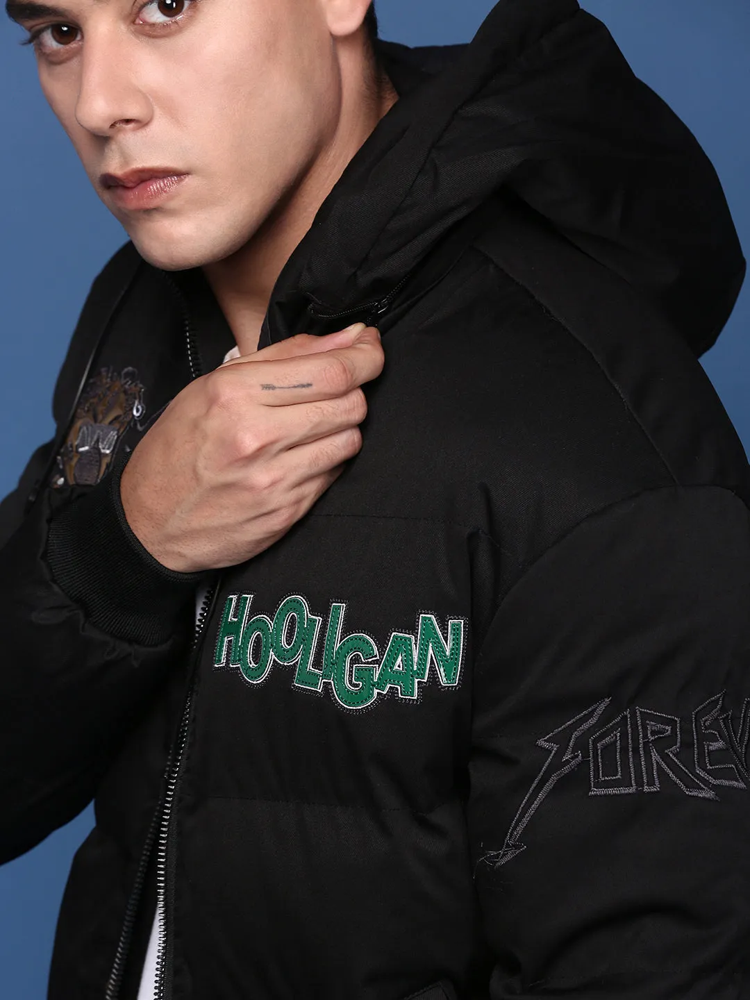 Men Black Mock Collar Solid Geometric Windcheater Bomber Embroidered Jacket
