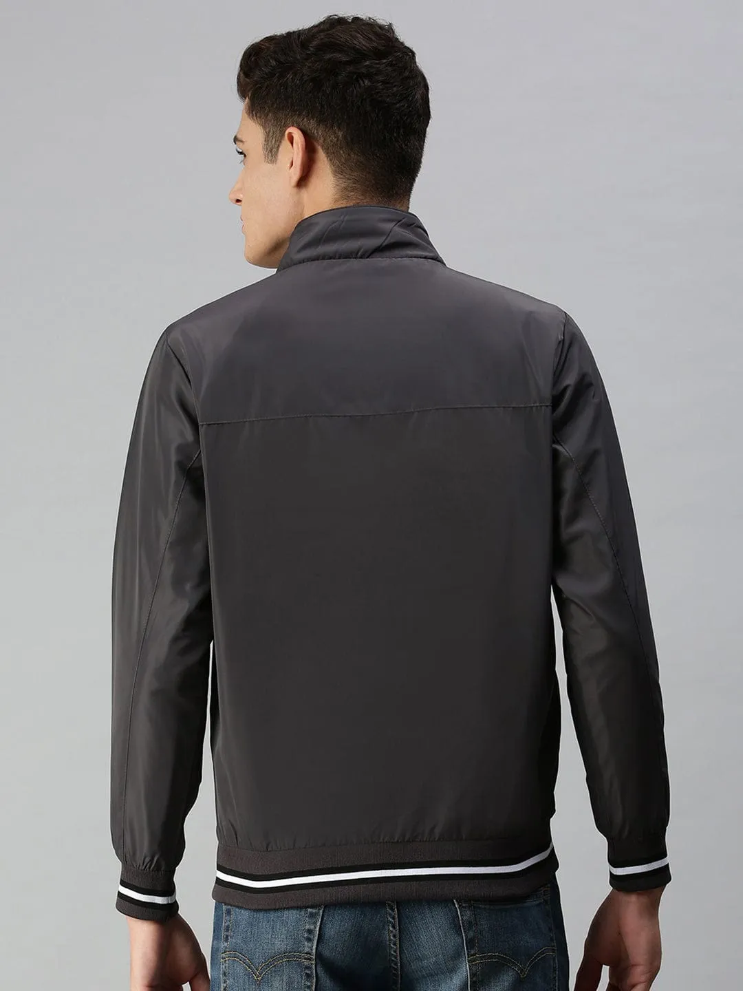 Men Grey Solid Bomber with Patchwork Jacket