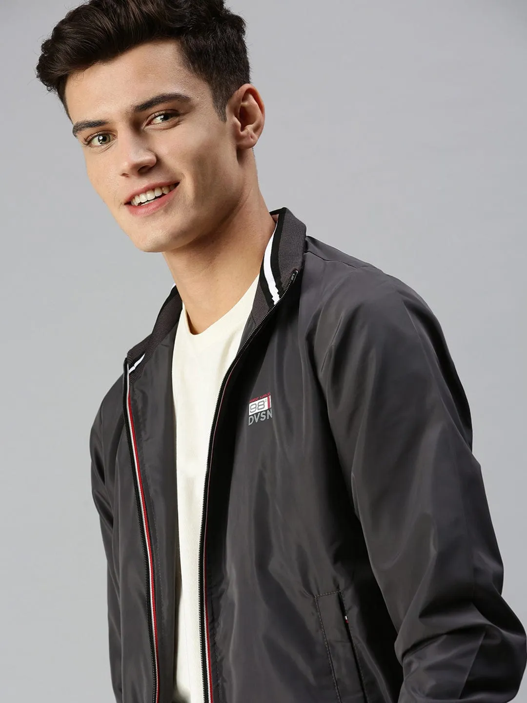 Men Grey Solid Bomber with Patchwork Jacket