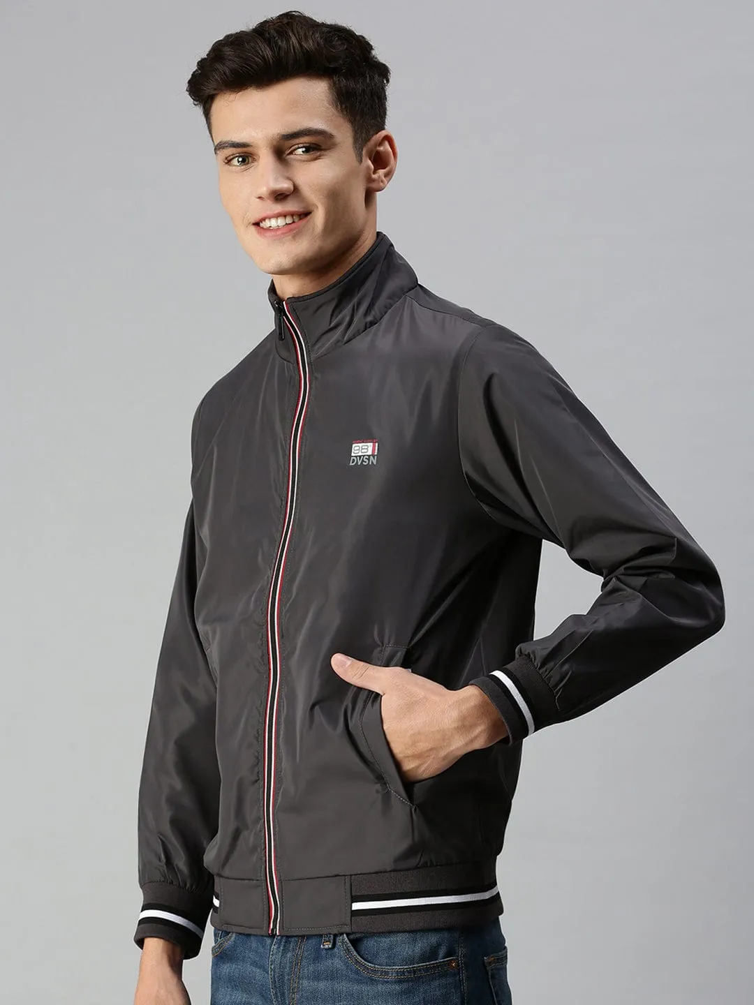 Men Grey Solid Bomber with Patchwork Jacket