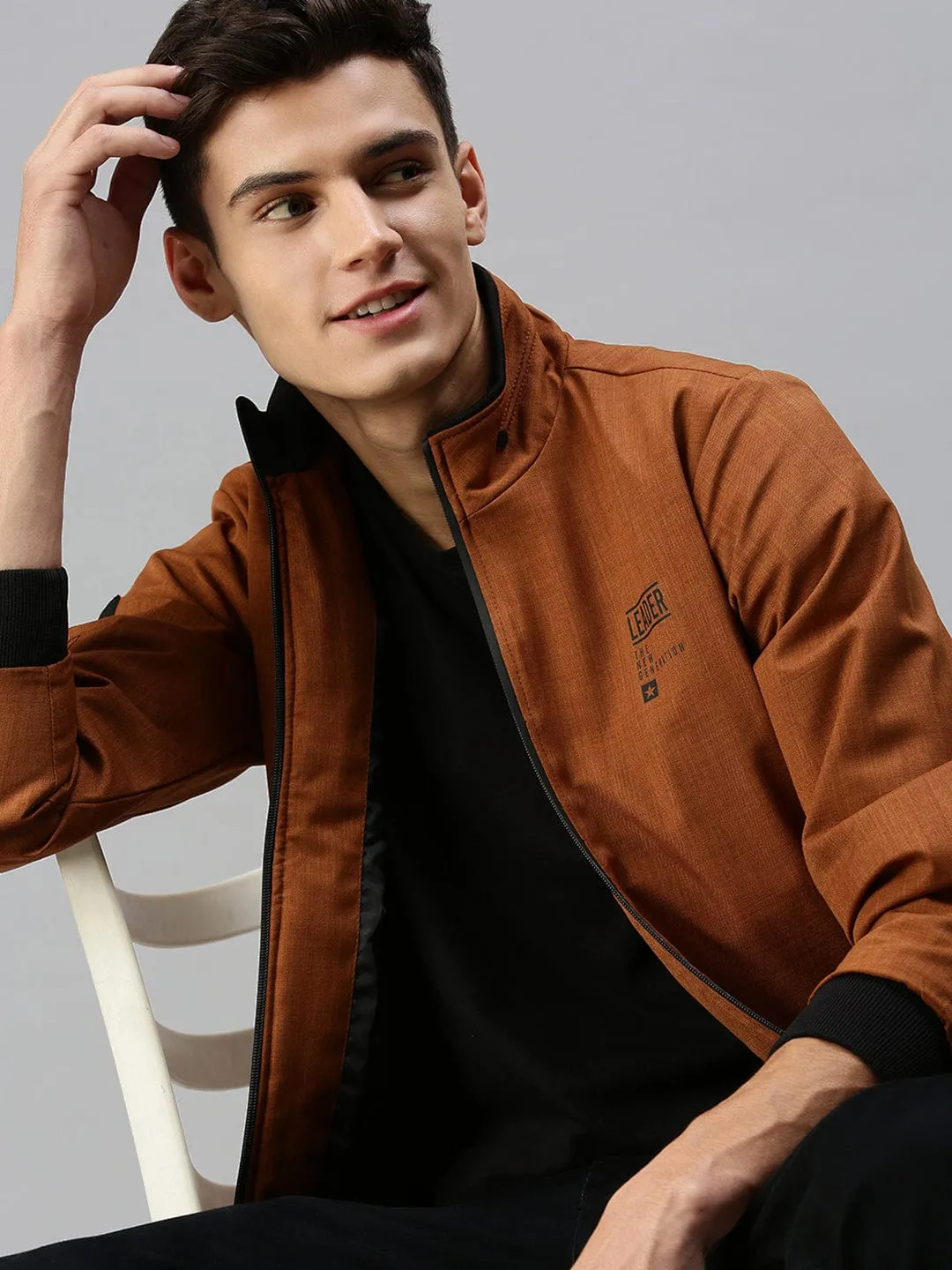 Men Mustard Solid Bomber Jacket