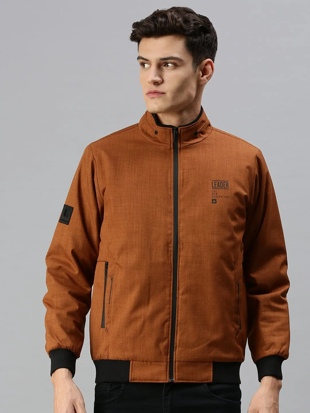 Men Mustard Solid Bomber Jacket