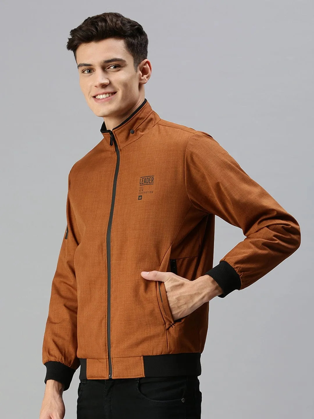 Men Mustard Solid Bomber Jacket