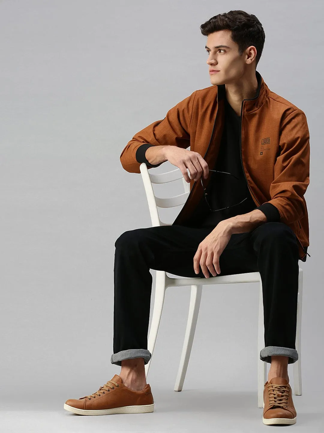Men Mustard Solid Bomber Jacket