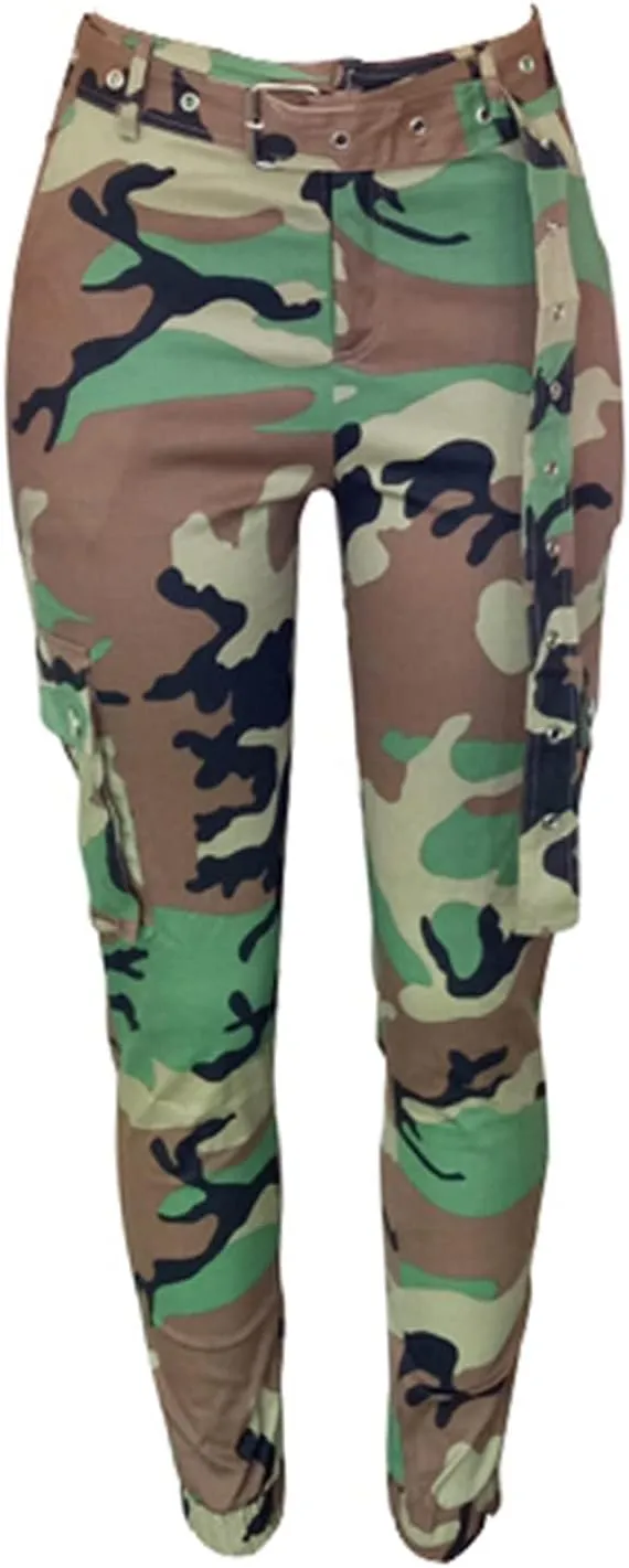 MESLIMA Women's Camo Pants High Waist Slim Fit Cargo Trousers with Pocket Camouflage Long Sweatpant with Belt