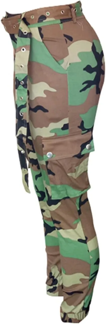 MESLIMA Women's Camo Pants High Waist Slim Fit Cargo Trousers with Pocket Camouflage Long Sweatpant with Belt