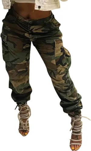 MESLIMA Women's Camo Pants High Waist Slim Fit Cargo Trousers with Pocket Camouflage Long Sweatpant with Belt