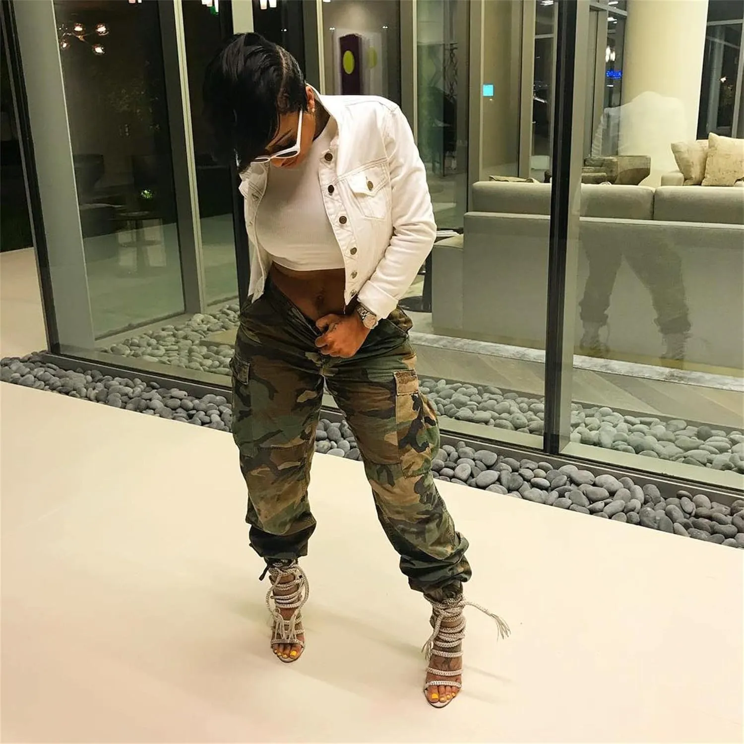 MESLIMA Women's Camo Pants High Waist Slim Fit Cargo Trousers with Pocket Camouflage Long Sweatpant with Belt
