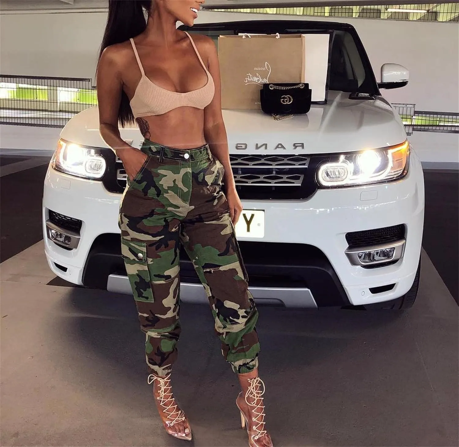 MESLIMA Women's Camo Pants High Waist Slim Fit Cargo Trousers with Pocket Camouflage Long Sweatpant with Belt