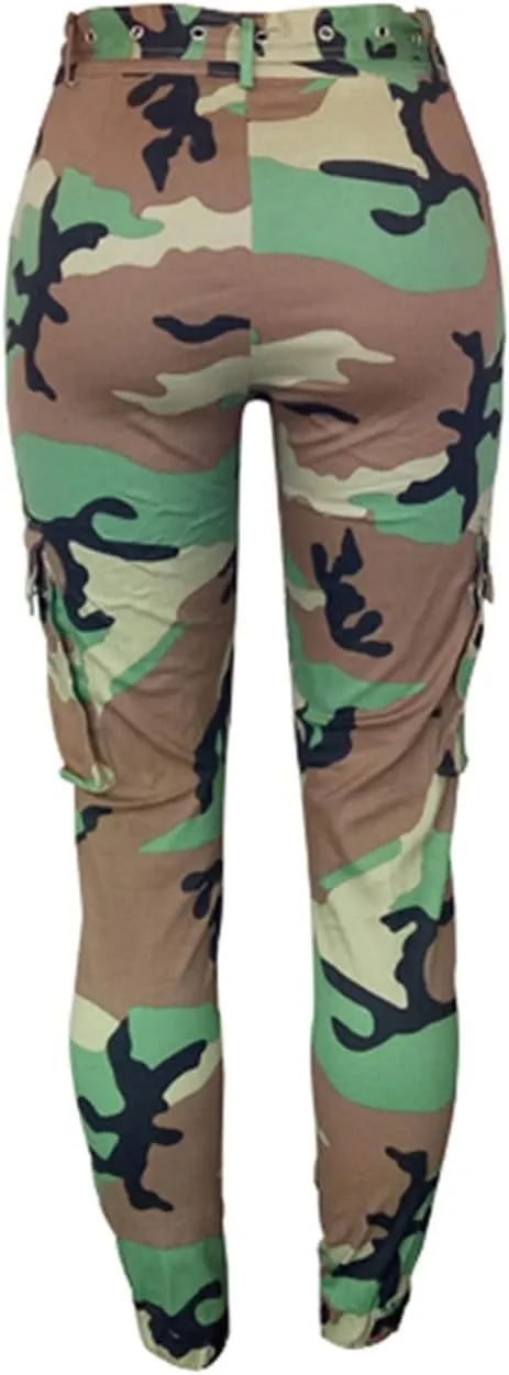 MESLIMA Women's Camo Pants High Waist Slim Fit Cargo Trousers with Pocket Camouflage Long Sweatpant with Belt
