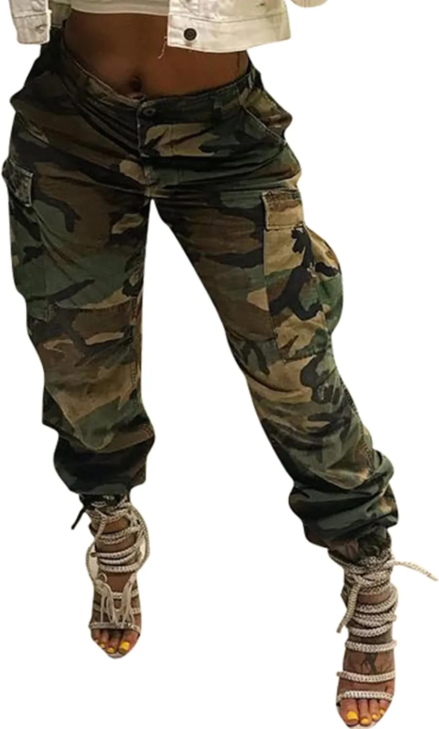 MESLIMA Women's Camo Pants High Waist Slim Fit Cargo Trousers with Pocket Camouflage Long Sweatpant with Belt