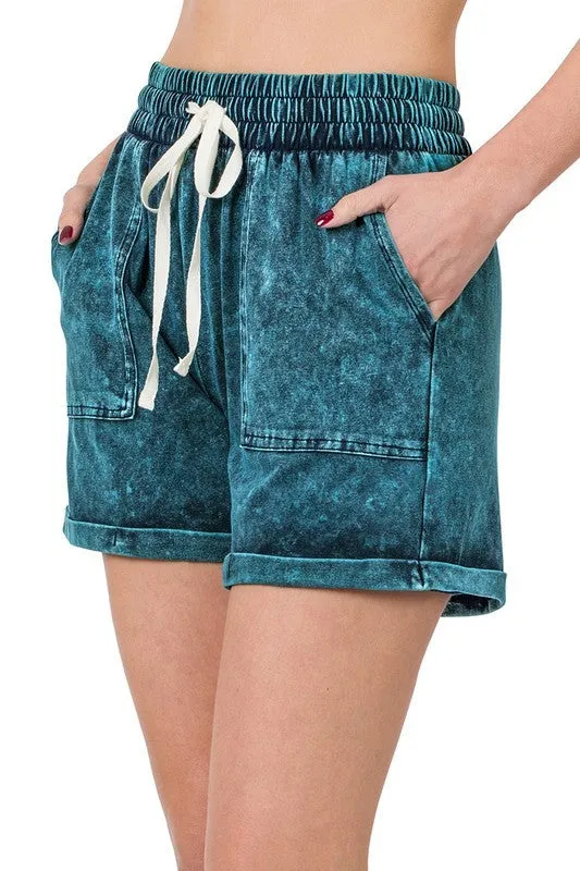 Mineral Wash Drawstring Cuffed Shorts