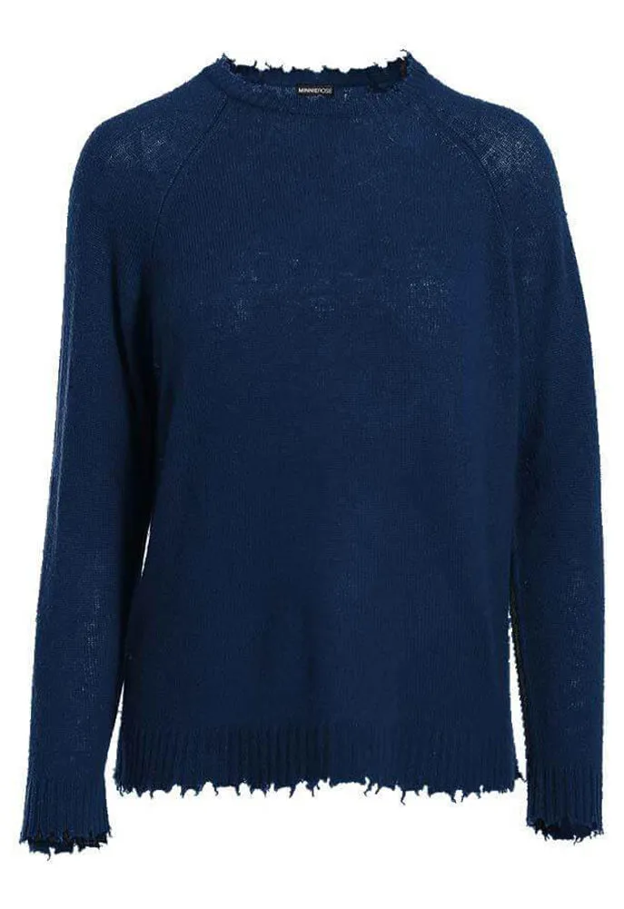 Minnie Rose Cashmere Distressed Long Sleeve Crew Sweater