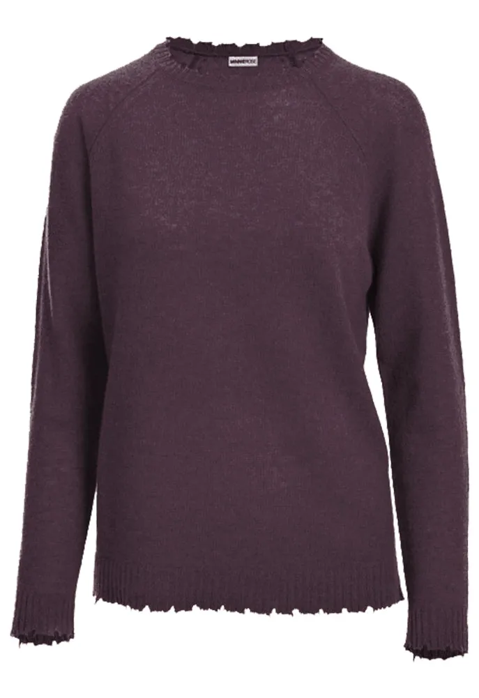 Minnie Rose Cashmere Distressed Long Sleeve Crew Sweater