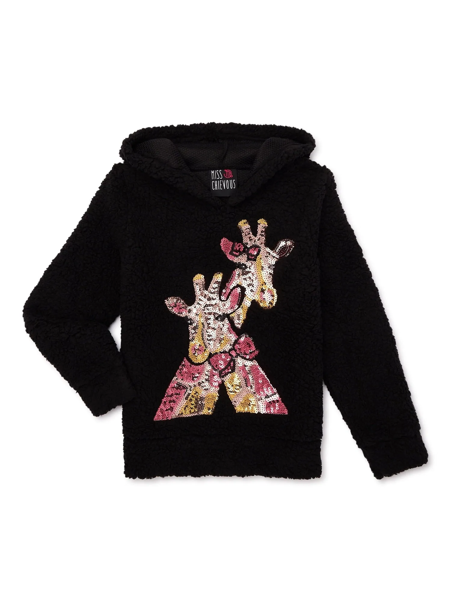 Miss Chievous Girls Sequin Critter Faux Sherpa Pullover Hoodie, Sizes 4-16