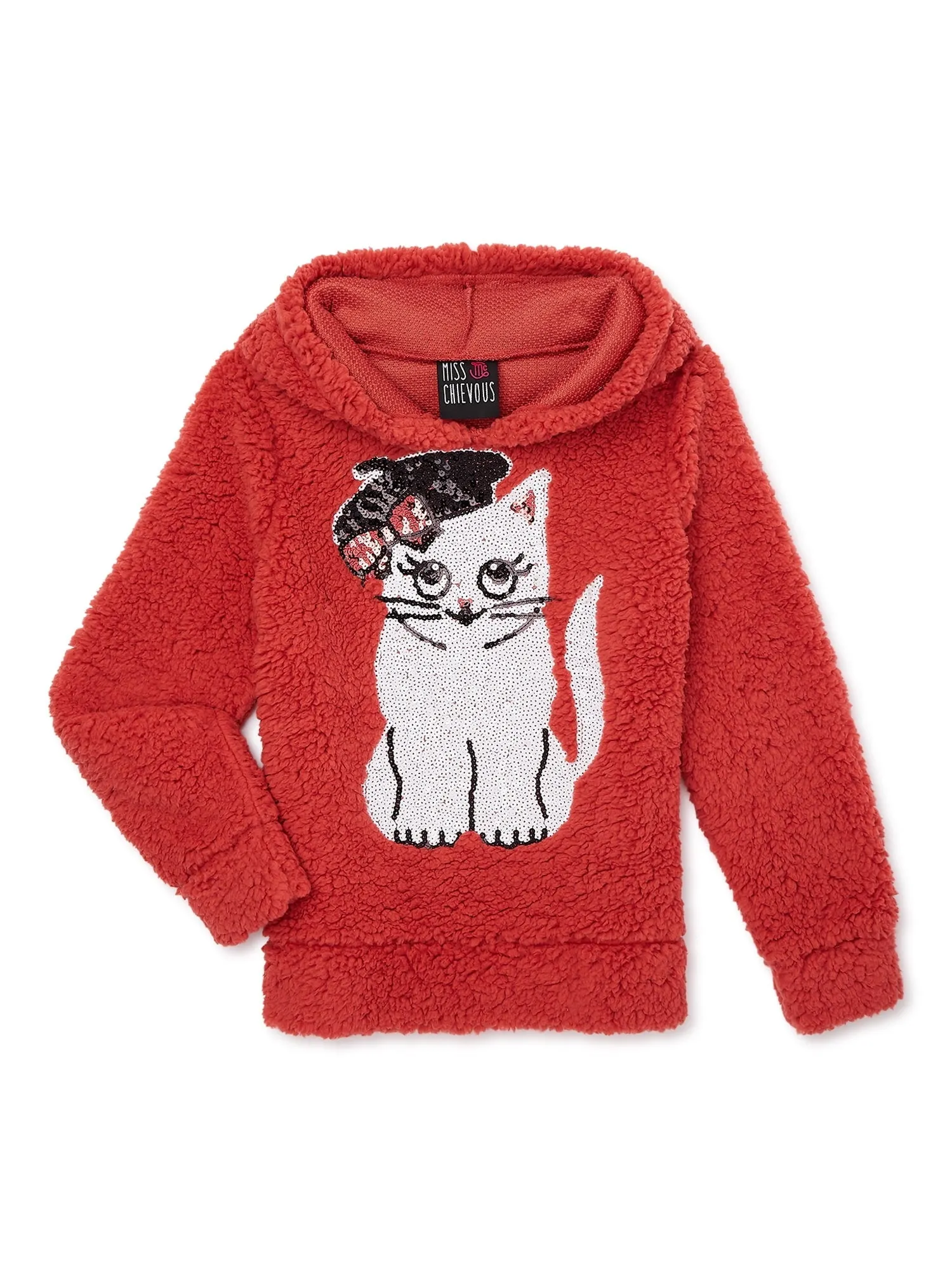 Miss Chievous Girls Sequin Critter Faux Sherpa Pullover Hoodie, Sizes 4-16